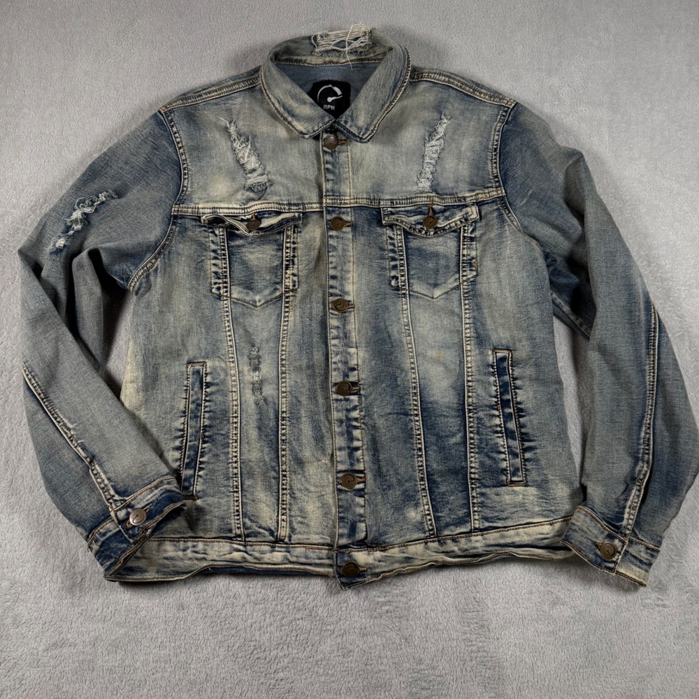 RPM Denim Jacket Mens XL Blue Distressed Acid Wash Trucker Jean Stretch